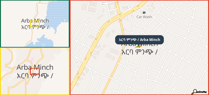 Map showing the address of አርባ ምንጭ / Arba Minch in three different zoom levels.