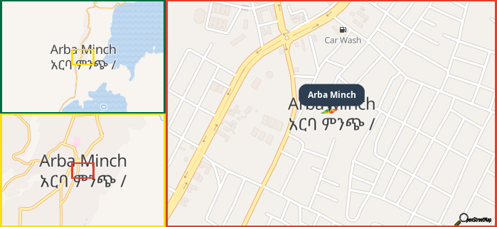 Map showing the address of Arba Minch in three different zoom levels.