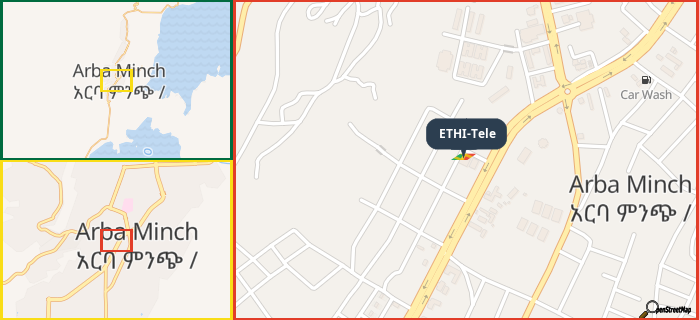 Map showing the address of ETHI-Tele in three different zoom levels.