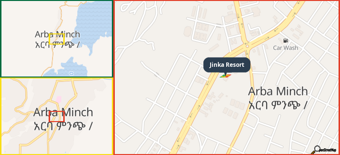 Map showing the address of Jinka Resort in three different zoom levels.