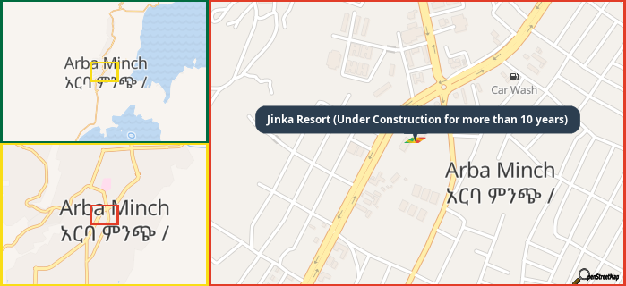 Map showing the address of Jinka Resort (Under Construction for more than 10 years) in three different zoom levels.