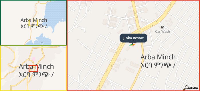 Map showing the address of Jinka Resort in three different zoom levels.