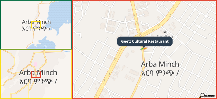 Map showing the address of Gee'z Cultural Restaurant in three different zoom levels.