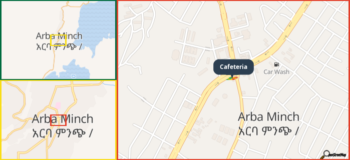 Map showing the address of Cafeteria in three different zoom levels.