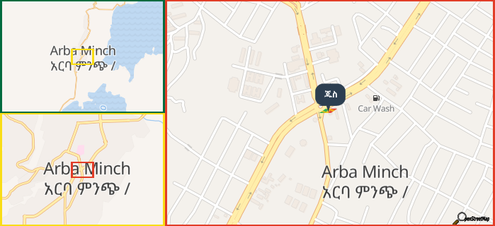 Map showing the address of ጁስ in three different zoom levels.
