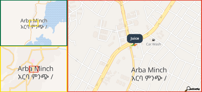 Map showing the address of Juice in three different zoom levels.