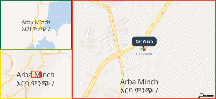 Map showing the address of Car Wash in three different zoom levels.