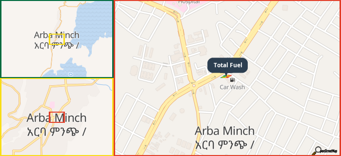 Map showing the address of Total Fuel in three different zoom levels.