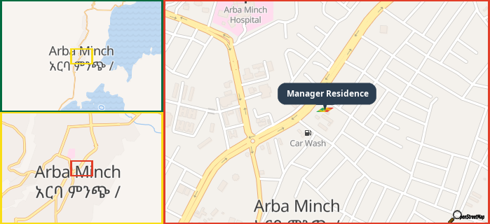 Map showing the address of Manager Residence in three different zoom levels.