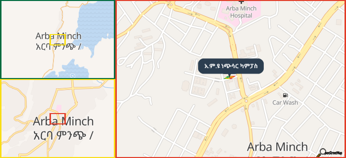 Map showing the address of አ.ም.ዩ ነጭሳር ካምፓስ in three different zoom levels.