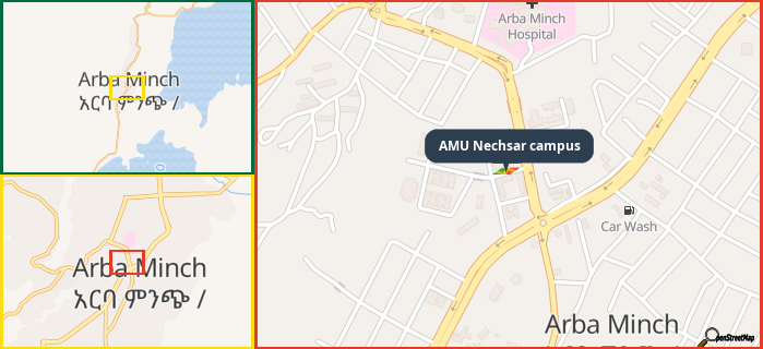 Map showing the address of AMU Nechsar campus in three different zoom levels.