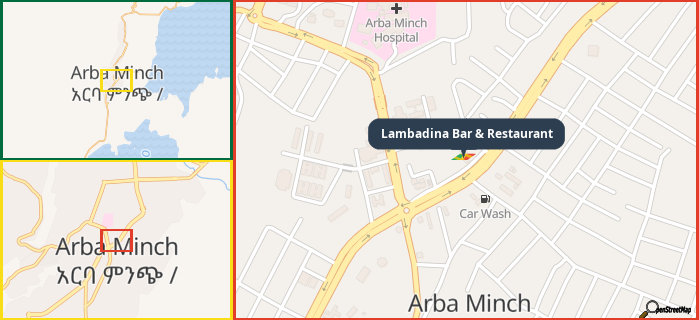 Map showing the address of Lambadina Bar & Restaurant in three different zoom levels.