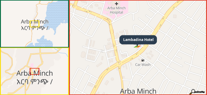 Map showing the address of Lambadina Hotel in three different zoom levels.