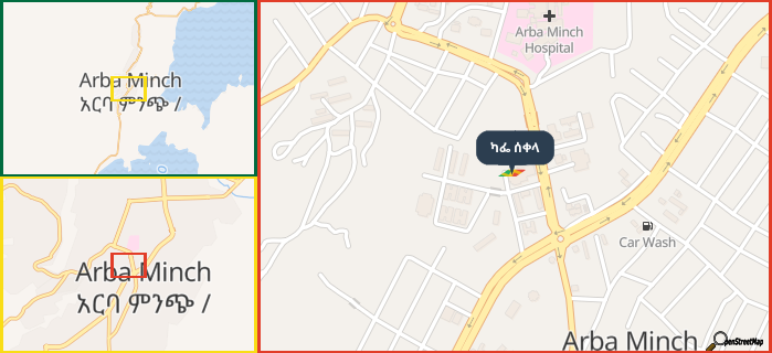 Map showing the address of ካፌ ሰቀላ in three different zoom levels.