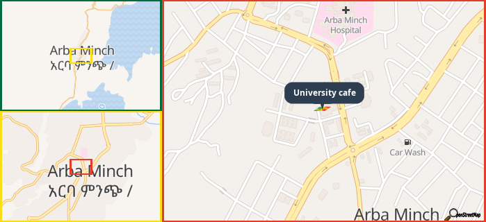 Map showing the address of University cafe in three different zoom levels.