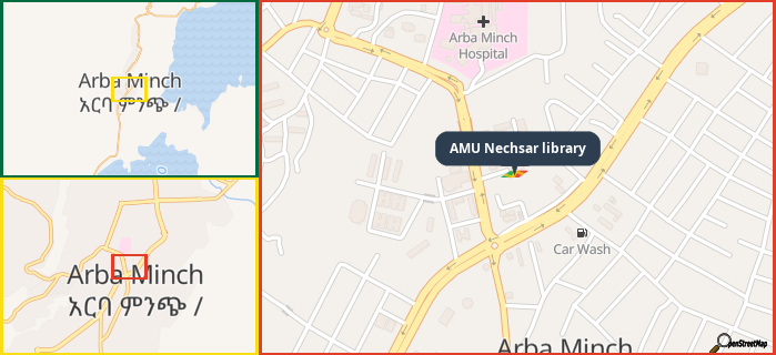 Map showing the address of AMU Nechsar library in three different zoom levels.