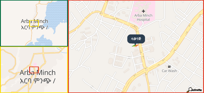 Map showing the address of ላውንጅ in three different zoom levels.