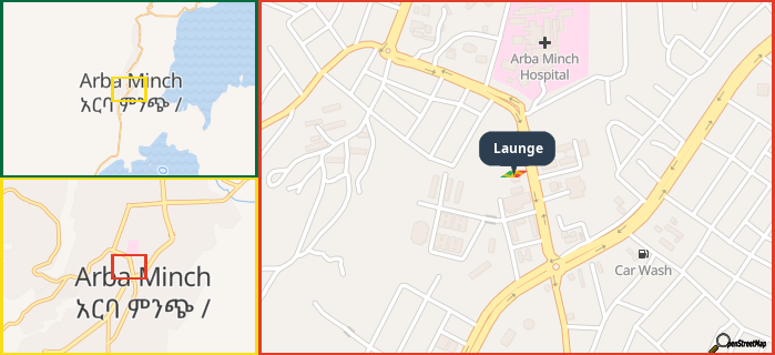 Map showing the address of Launge in three different zoom levels.