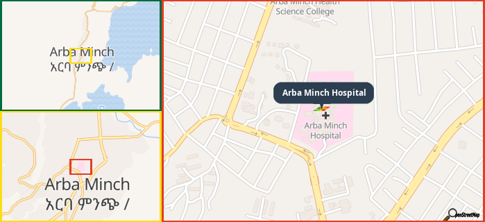 Map showing the address of Arba Minch Hospital in three different zoom levels.