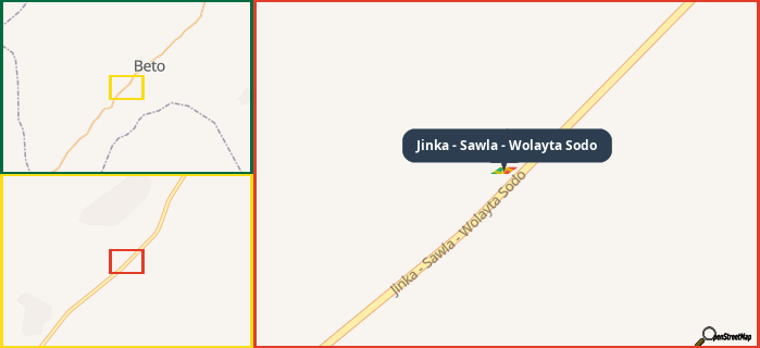 Map showing the address of Jinka - Sawla - Wolayta Sodo in three different zoom levels.