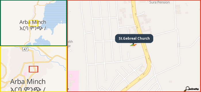 Map showing the address of St.Gebreal Church in three different zoom levels.