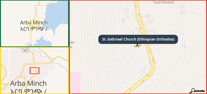 Map showing the address of St. Gebriael Church (Ethiopian Orthodox) in three different zoom levels.