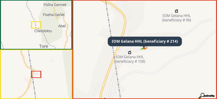 Map showing the address of IOM Gelana HHL (beneficiary # 214) in three different zoom levels.