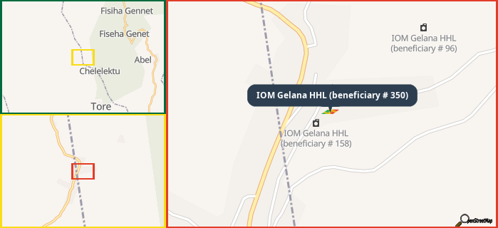 Map showing the address of IOM Gelana HHL (beneficiary # 350) in three different zoom levels.