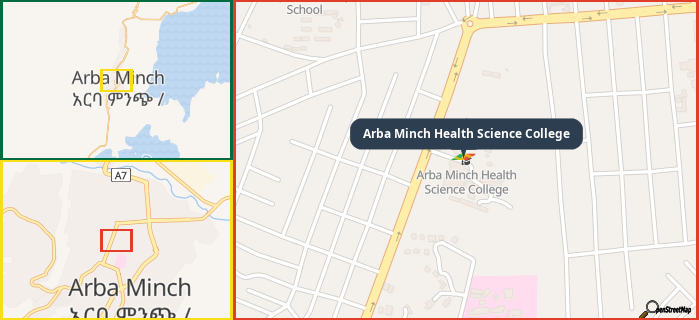 Map showing the address of Arba Minch Health Science College in three different zoom levels.