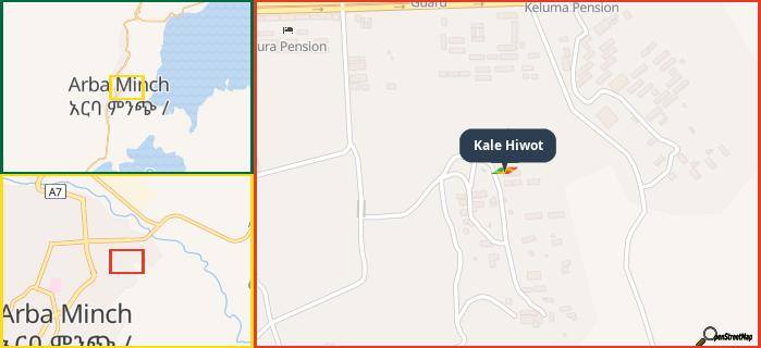 Map showing the address of Kale Hiwot in three different zoom levels.