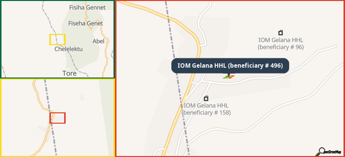 Map showing the address of IOM Gelana HHL (beneficiary # 496) in three different zoom levels.