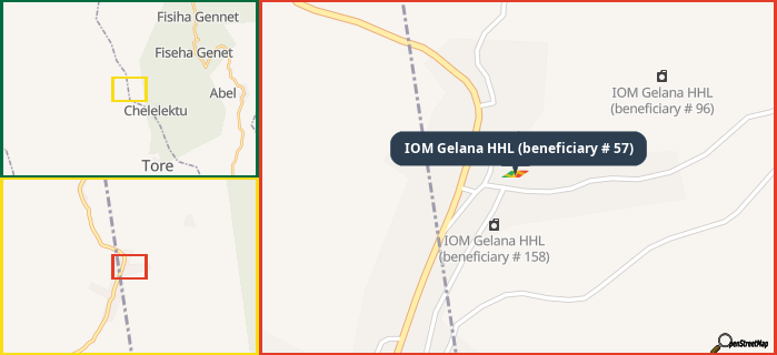 Map showing the address of IOM Gelana HHL (beneficiary # 57) in three different zoom levels.