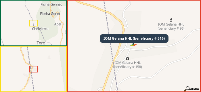 Map showing the address of IOM Gelana HHL (beneficiary # 516) in three different zoom levels.