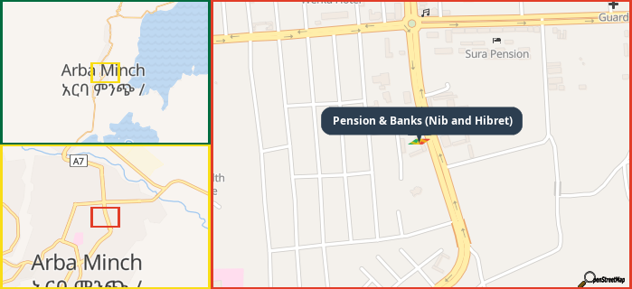 Map showing the address of Pension & Banks (Nib and Hibret) in three different zoom levels.