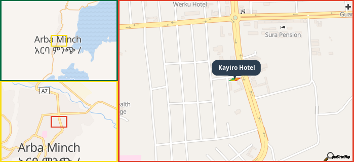 Map showing the address of Kayiro Hotel in three different zoom levels.