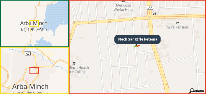 Map showing the address of Nech Sar KIfle ketema in three different zoom levels.