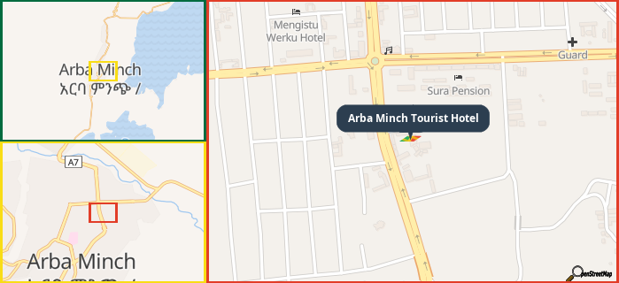 Map showing the address of Arba Minch Tourist Hotel in three different zoom levels.