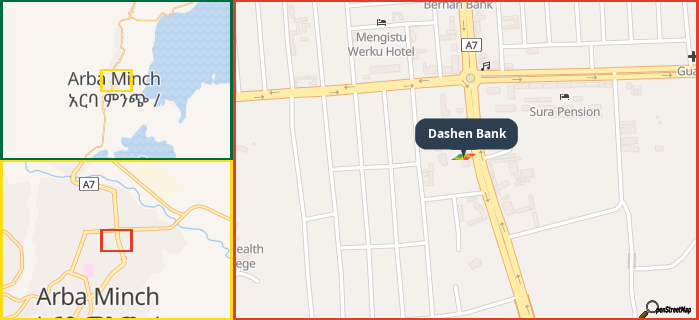 Map showing the address of Dashen Bank in three different zoom levels.