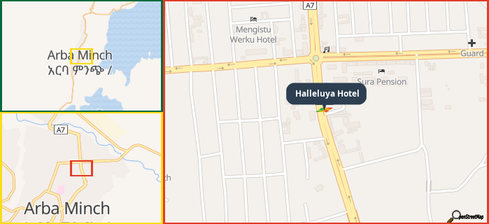 Map showing the address of Halleluya Hotel in three different zoom levels.