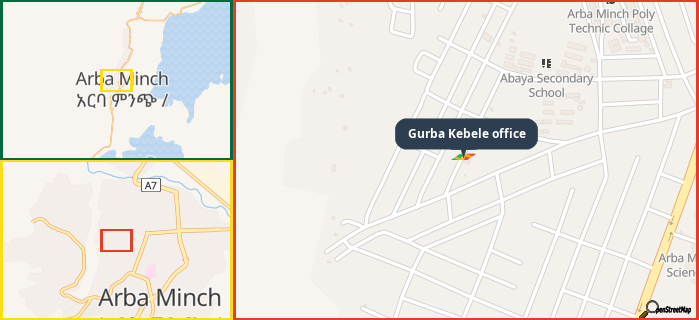 Map showing the address of Gurba Kebele office in three different zoom levels.