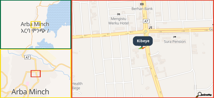 Map showing the address of Kibeye in three different zoom levels.