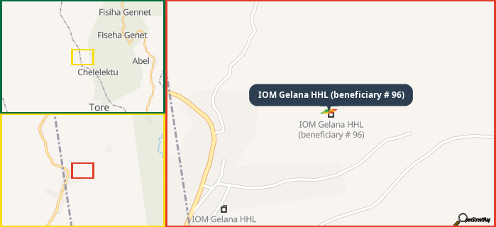 Map showing the address of IOM Gelana HHL (beneficiary # 96) in three different zoom levels.
