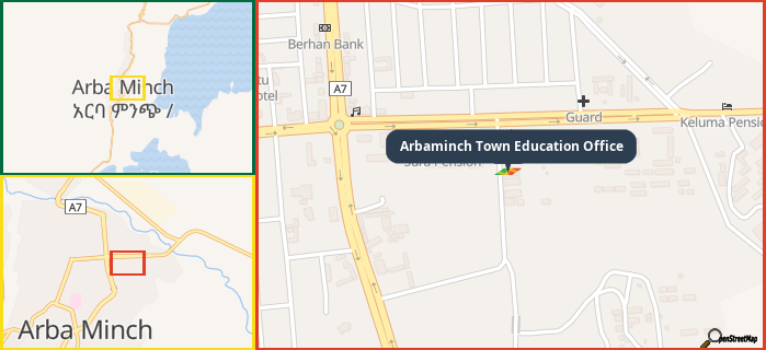 Map showing the address of Arbaminch Town Education Office in three different zoom levels.