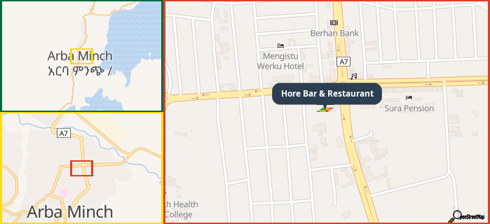 Map showing the address of Hore Bar & Restaurant in three different zoom levels.