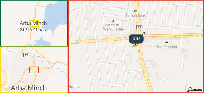 Map showing the address of OIL! in three different zoom levels.