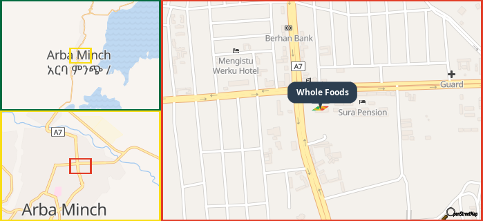 Map showing the address of Whole Foods in three different zoom levels.