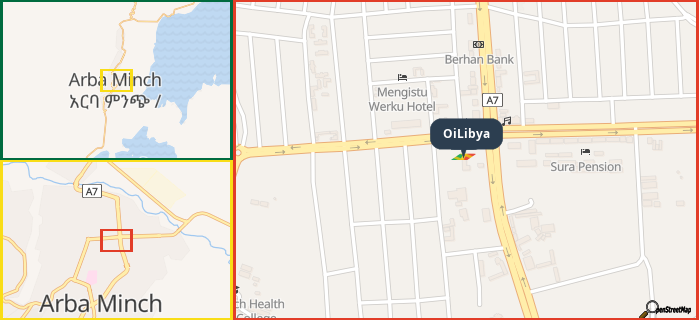 Map showing the address of OiLibya in three different zoom levels.