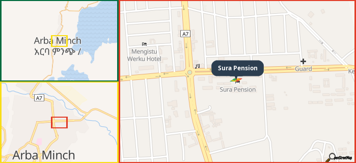 Map showing the address of Sura Pension in three different zoom levels.