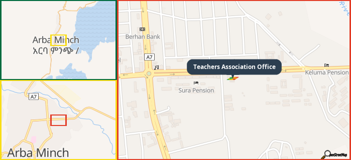 Map showing the address of Teachers Association Office in three different zoom levels.