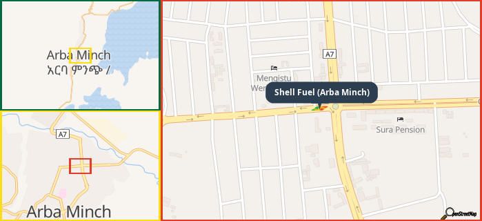 Map showing the address of Shell Fuel (Arba Minch) in three different zoom levels.